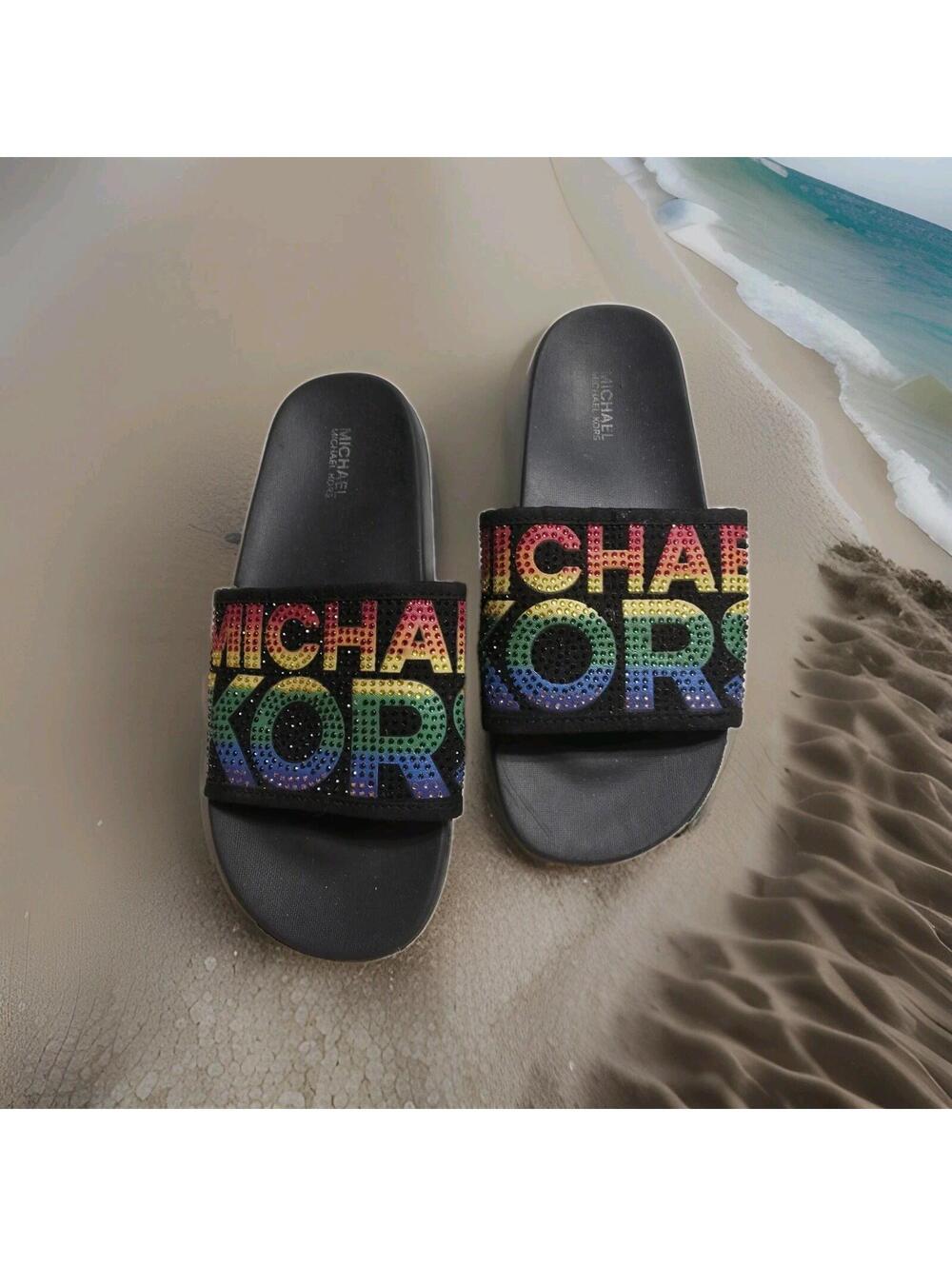 Michael Kors Rainbow Multi Rhinestone Black Slide Sandal Bling Girl Size 4 UK3.5